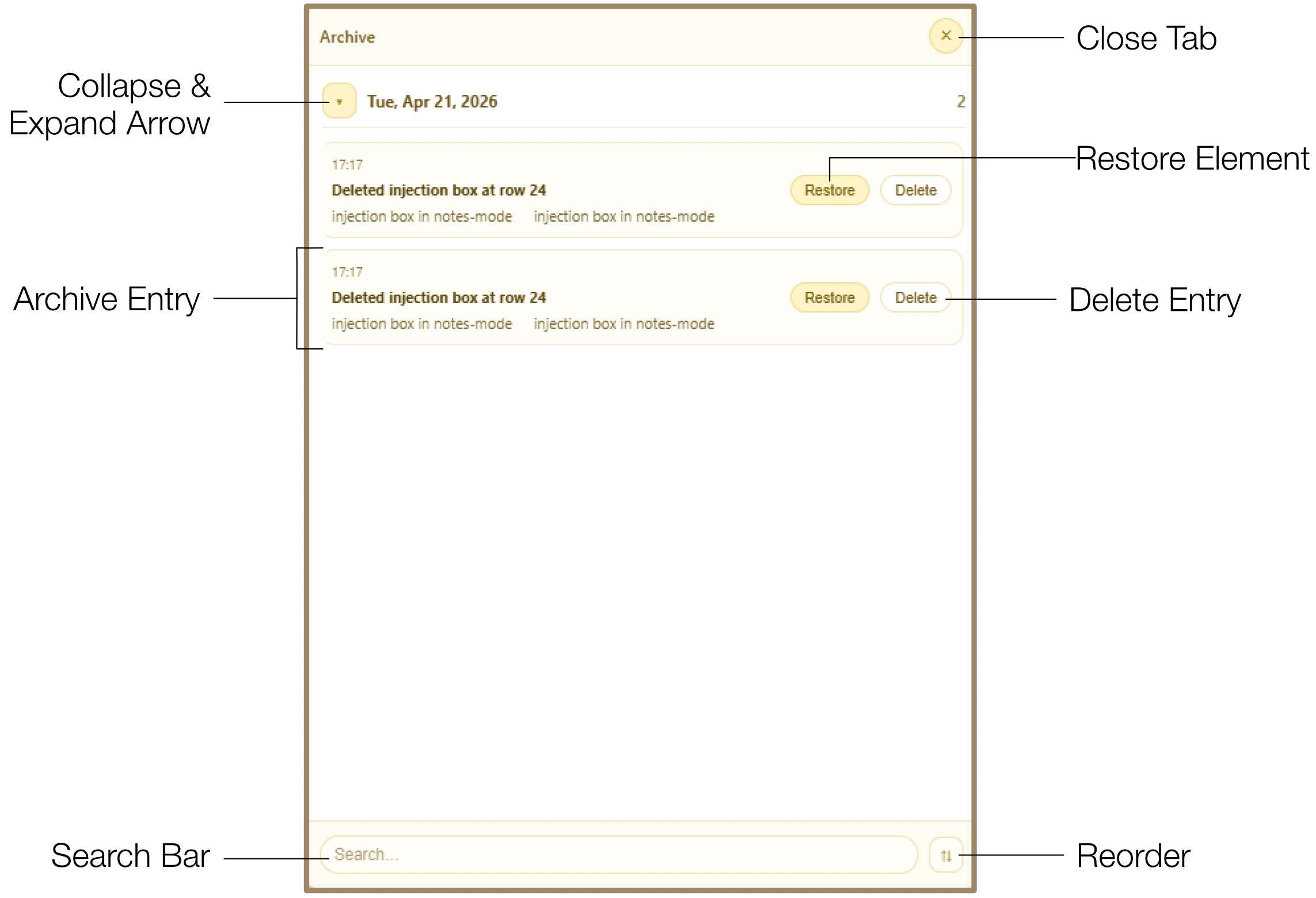 Archive panel showing deleted entries with restore and permanent delete options